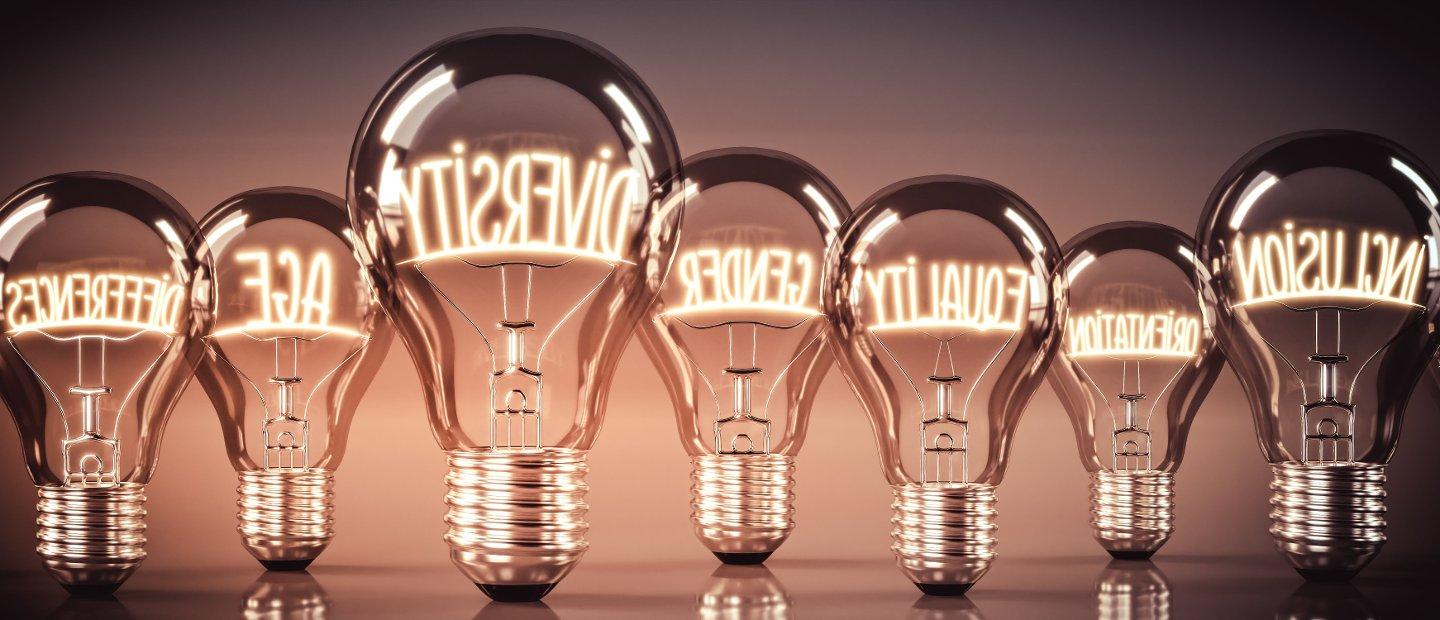 Multiple light bulbs with words written in them like Diversity 和包容